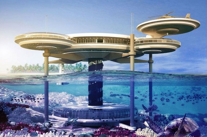 Фото: подводный отель Гидрополис в Дубае состоит из надводной и подводной части, соединенных вертикальным туннелем, ©
