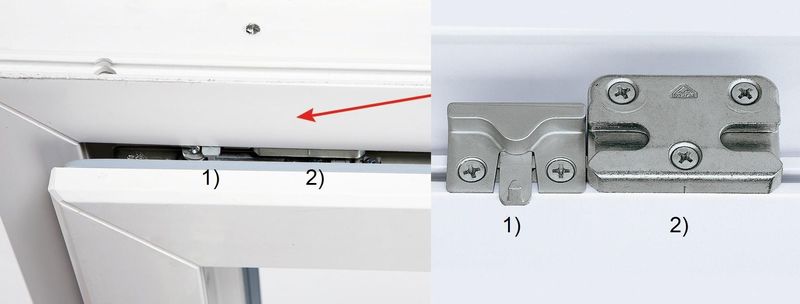 Фото: справа – ответная планка микропроветривания (1) рядом с противовзломной стандартной планкой (2); слева – положение планок на раме окна, © Roto