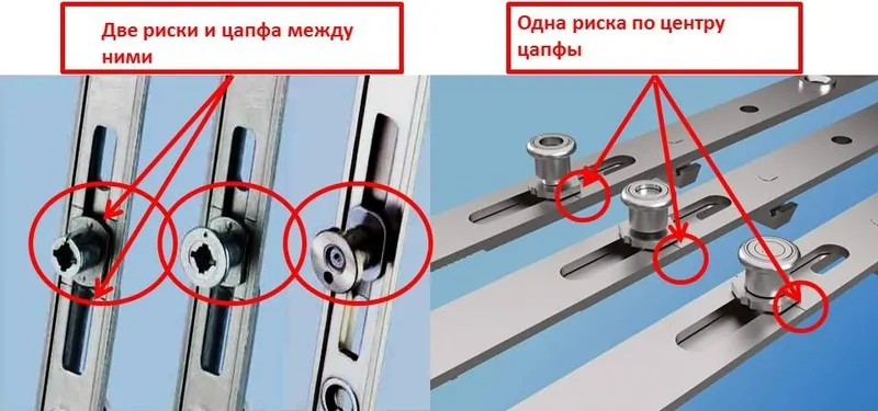 Фото: положение цапф проверяем по тонким черточкам (рискам). У разных производителей фурнитуры может быть или две или одна риска. 