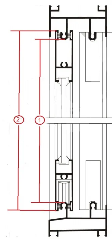 Фото: расстояние между направляющими (1), размер створки по высоте (2), окна на лоджии