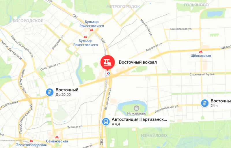 Фото: вокзал Восточный на карте, расположен недалеко от ж/д станции Черкизово ©oknamedia.ru