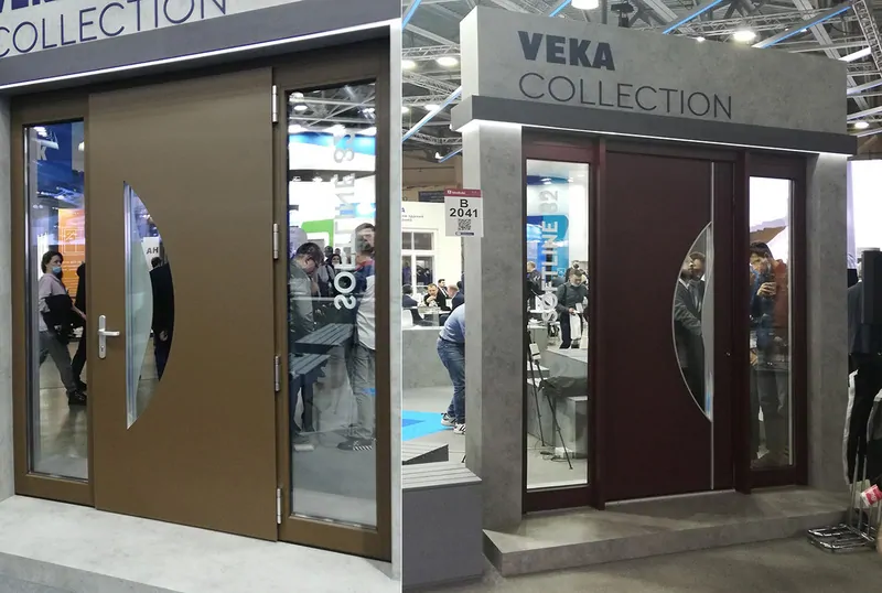 Фото: входная дверь VEKA (вид c двух сторон) с декоративным наполнением Adeco, ©oknamedia.ru, мосбилд-2021