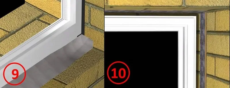 Фото: 9 – на нижнюю часть окна с наружной стороны приклеить диффузную ленту. 10 – по всему периметру окна со стороны комнаты приклеить к стене пароизоляционную ленту, 