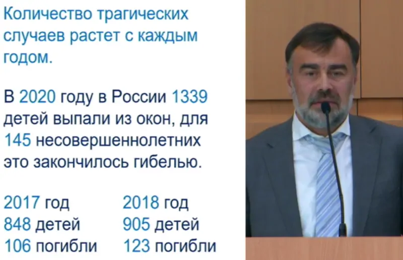 Фото: генеральный директор VEKA Rus, Андрей Таранушич представил печальную статистику выпадения детей из окон за последние годы, @VEKA 2021, гост 23166-2021