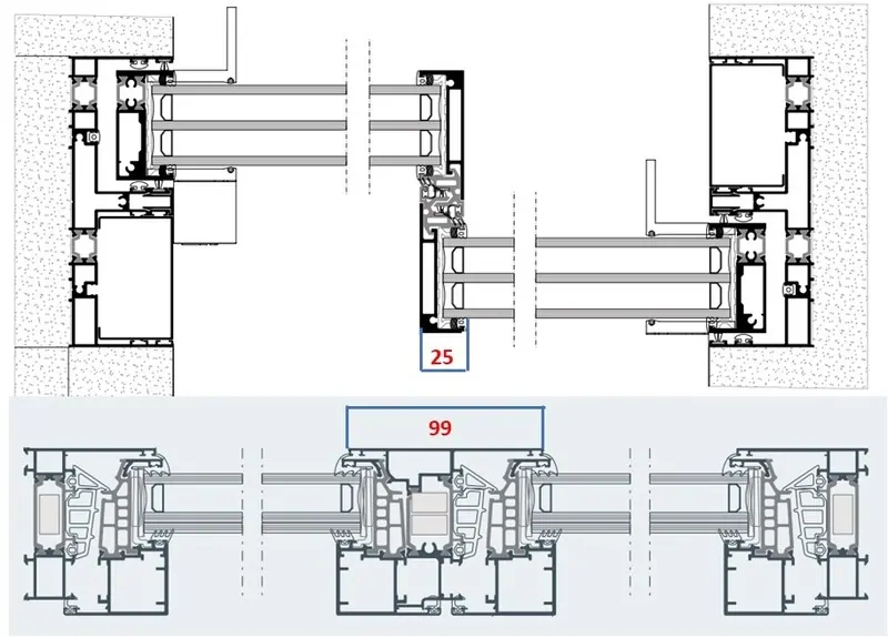 Сравнение видимой ширины сопряжения двух створок: вверху АЛЮМИЛ S650 , внизу АЛЮМИЛ S77. © Alumil 