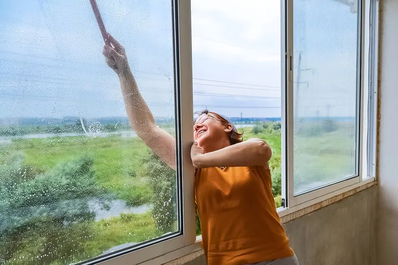 Фото: такой способ мытья 3-створчатого окна может закончиться падением наружу с получением тяжелых травм или летальным исходом. © Фотобанк Лoри  
