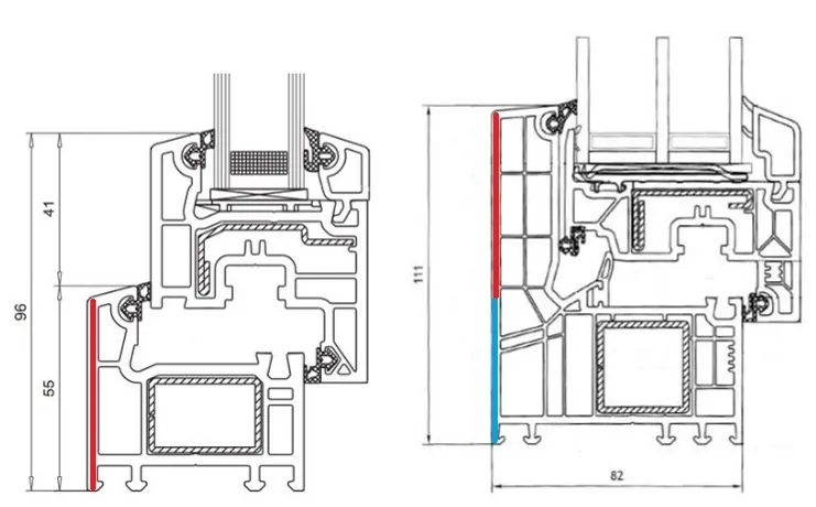 Рис.6. Традиционная комбинация профилей (слева) и створка, совмещенная с рамой (справа), © VEKA