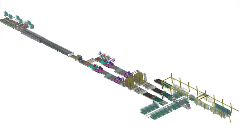 Рис.1: Автоматическая линия хранения, резки, обработки, сортировки и закалки архитектурного стекла. © ЮТА 