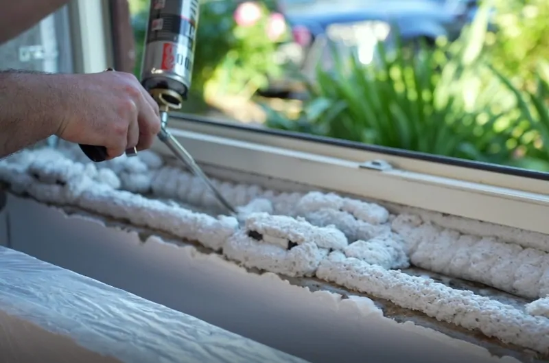 Нанесение пены на место установки подоконника © oknаmedia 