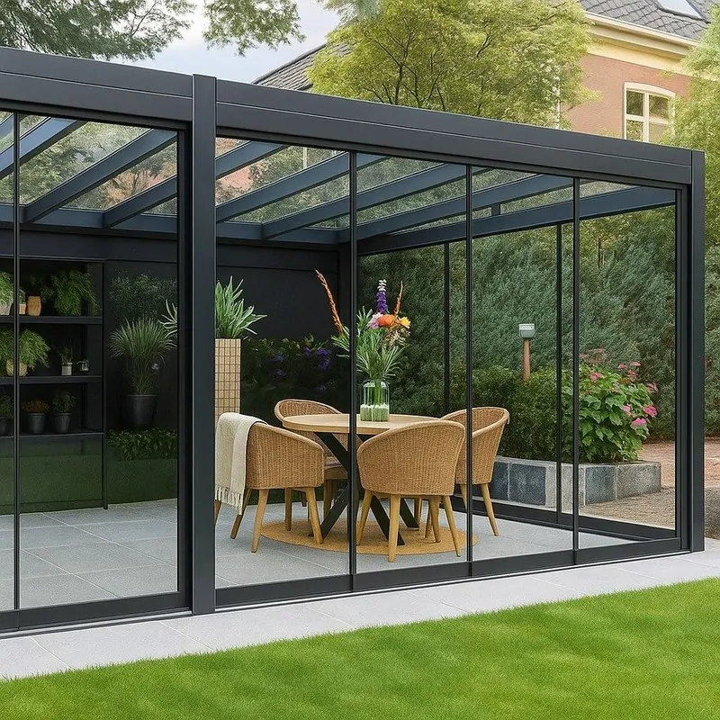 Алюминиевая пергола с безрамным остеклением слайд RALUMA.  © ЕТС Групп 