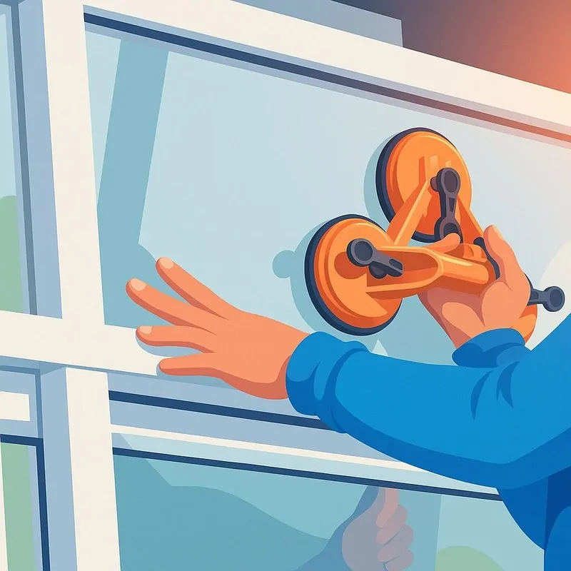 Установка стеклопакетов с помощью специальных вакуумных присосок. © ЕТС Групп 