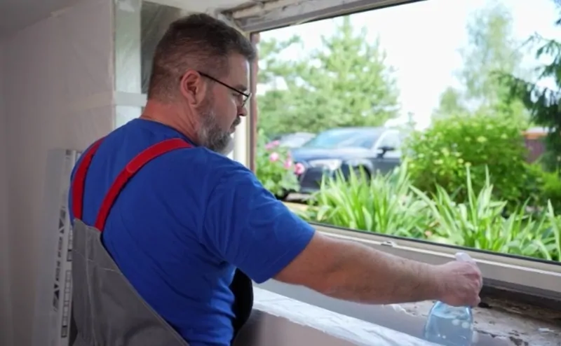 Увлажнение монтажного шва перед запениванием © oknamedia