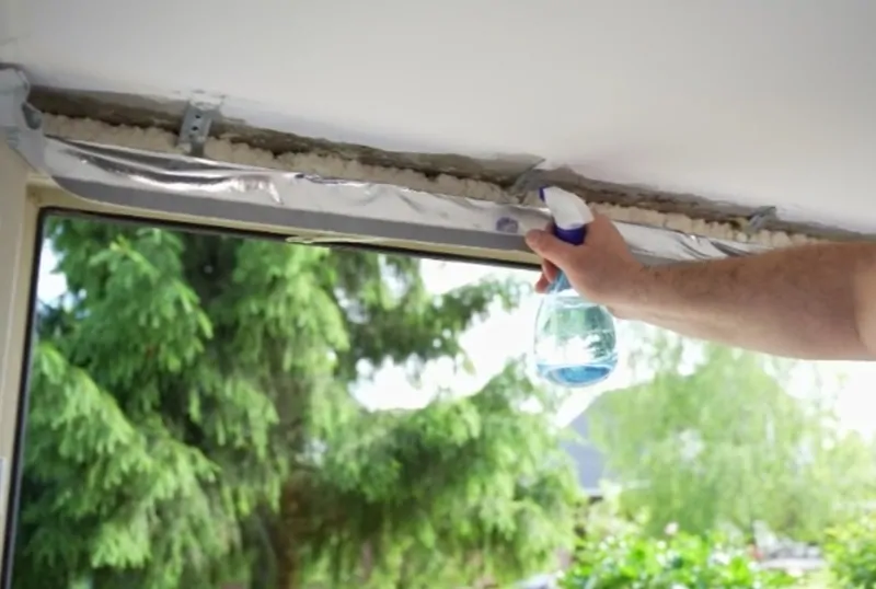 Увлажнение нанесенной монтажной пены для ускорения ее полимеризации. © oknamedia