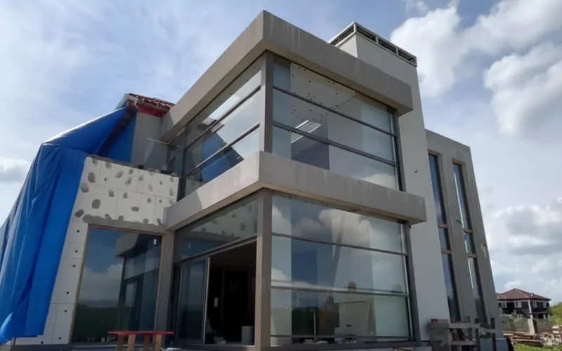 Остекление коттеджа автоматическим безрамным остеклением RALUMA лифт. © ЕТС Групп 