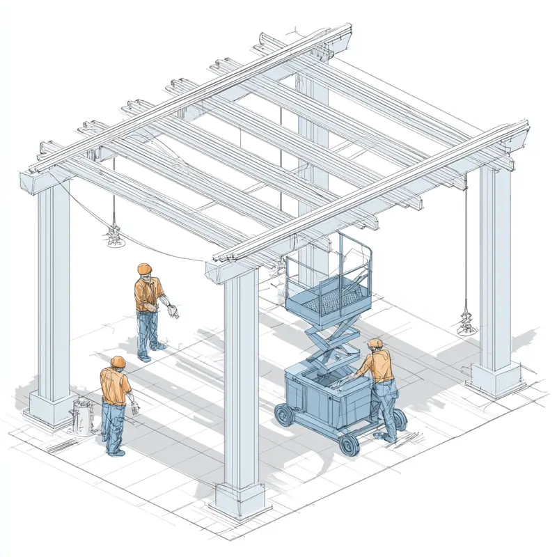 Зарисовка контрольной сборки алюминиевой перголы. © ЕТС Групп 