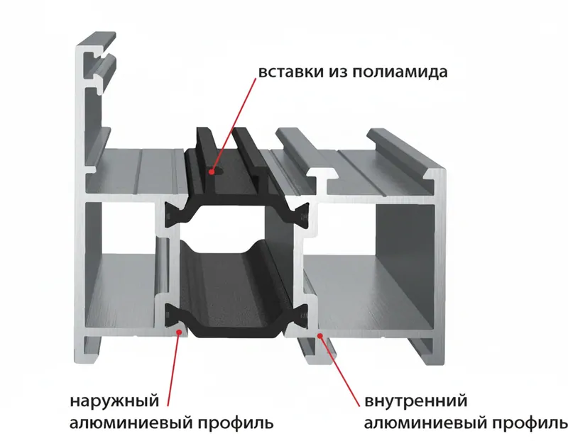 Расположение полиамидных термомостов в оконных алюминиевых системах. © ЕТС ГРУПП 