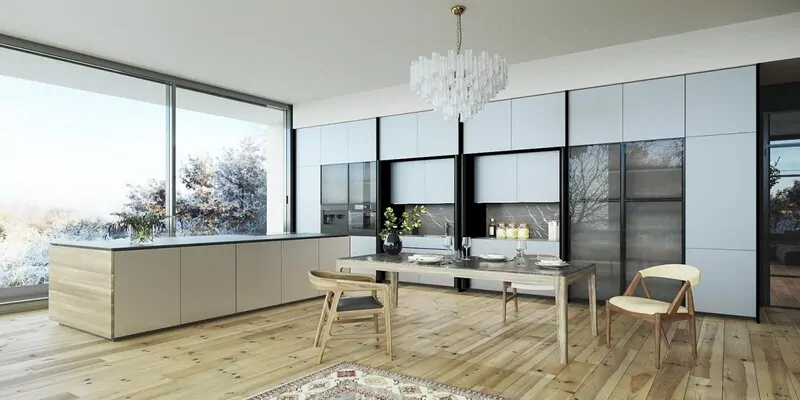 Фото: кухня с матовыми серебристыми фасадами в стекле Lumilac Silver Matt Crystalvision. © AIG 