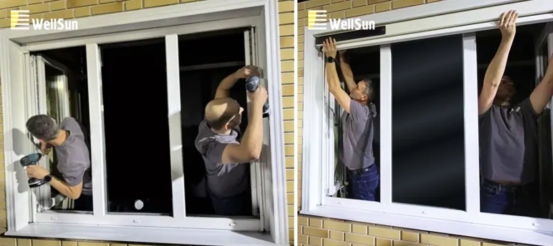 Установка солнцезащиты Вэлсан  выполняется всего двумя специалистами изнутри помещения. 